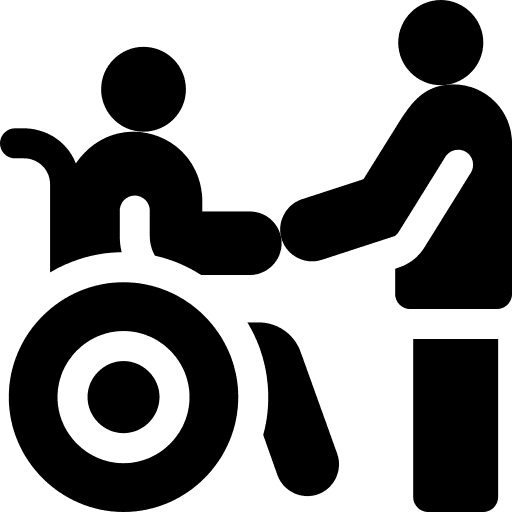 Symbol, das eine Person im Rollstuhl zeigt, die von einer anderen stehenden Person unterstützt wird, als Zeichen der Unterstützung oder Zugänglichkeit für Menschen mit Behinderungen.