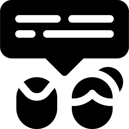 Schwarz-Weiß-Symbol, das zwei Personen mit einer großen Sprechblase über ihnen zeigt, die ein Gespräch oder eine Kommunikation darstellt.